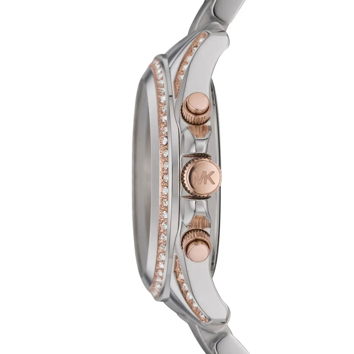 MK5459 chronograph watch side detail showing rose gold pushers and crystal-adorned case