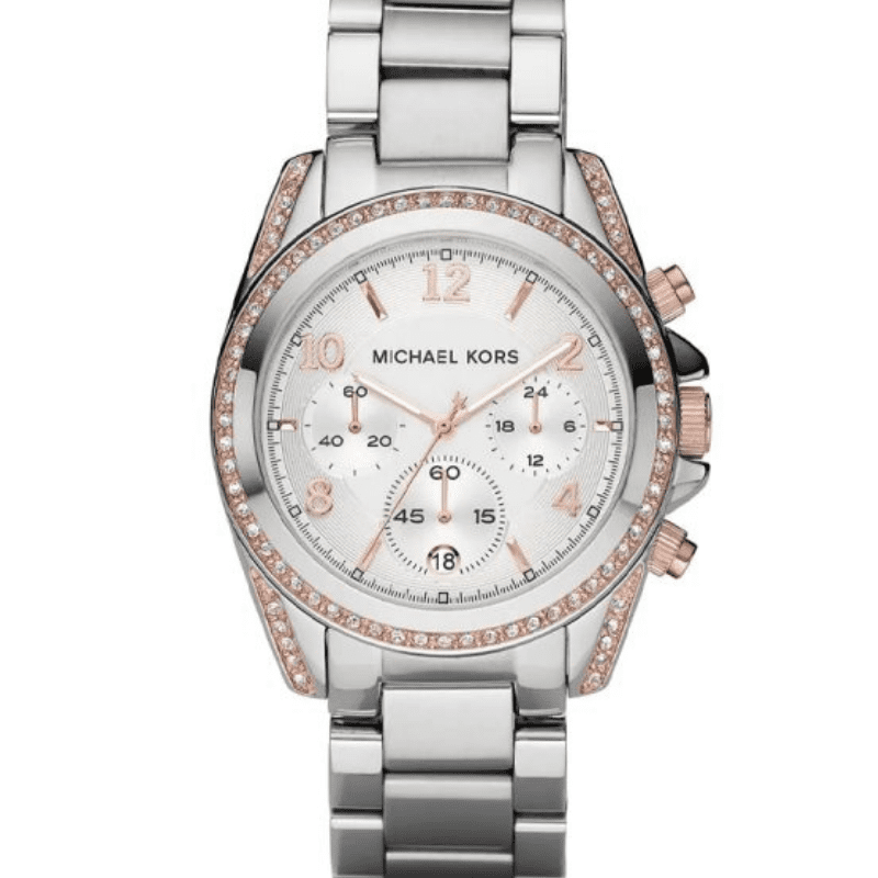 Michael Kors Runway women's chronograph watch with silver dial and crystal-set rose gold bezel