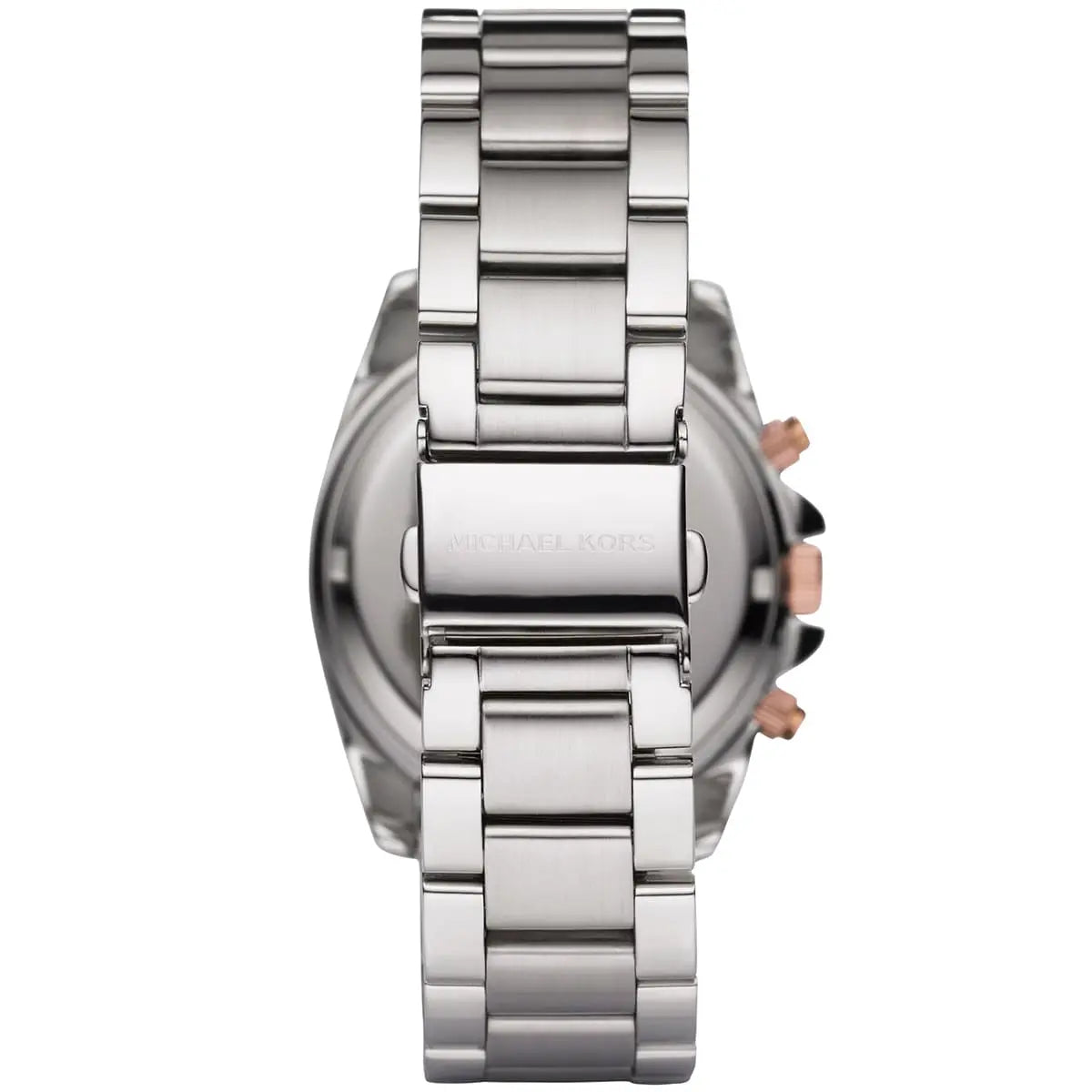 Michael Kors Runway MK5459 side profile with rose gold chronograph pushers and stainless steel bracelet