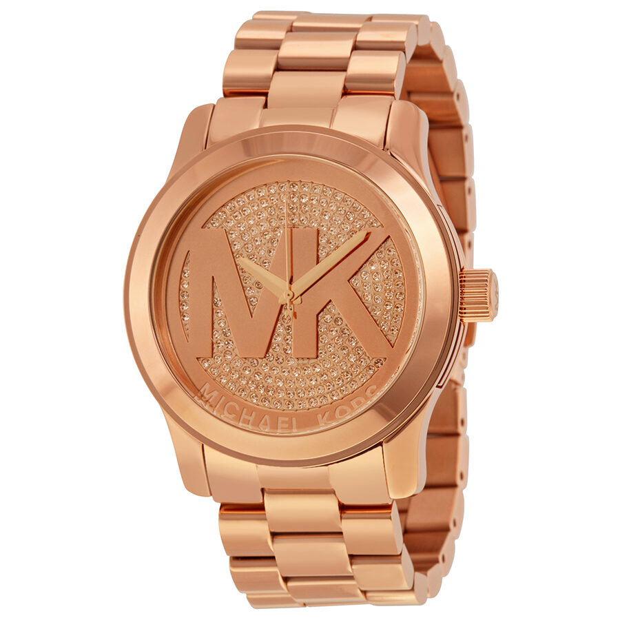 Michael Kors Runway MK5661 rose gold-plated ladies watch with glitter rose dial and matching bracelet