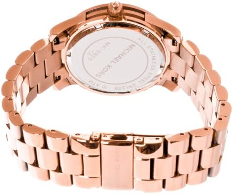 Back view of Michael Kors Runway MK5853 rose gold watch showing case back and bracelet clasp
