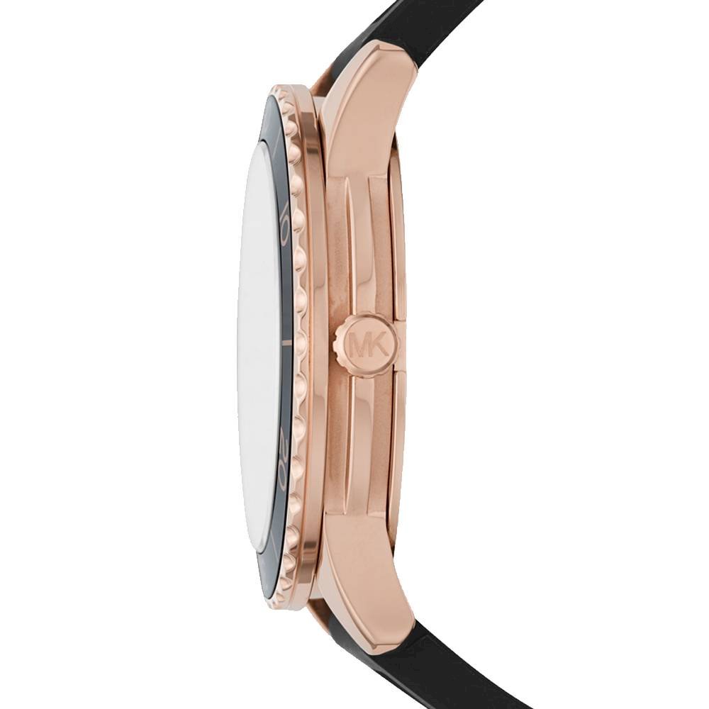Michael Kors Runway MK6852 side profile with rose gold case and black silicon strap
