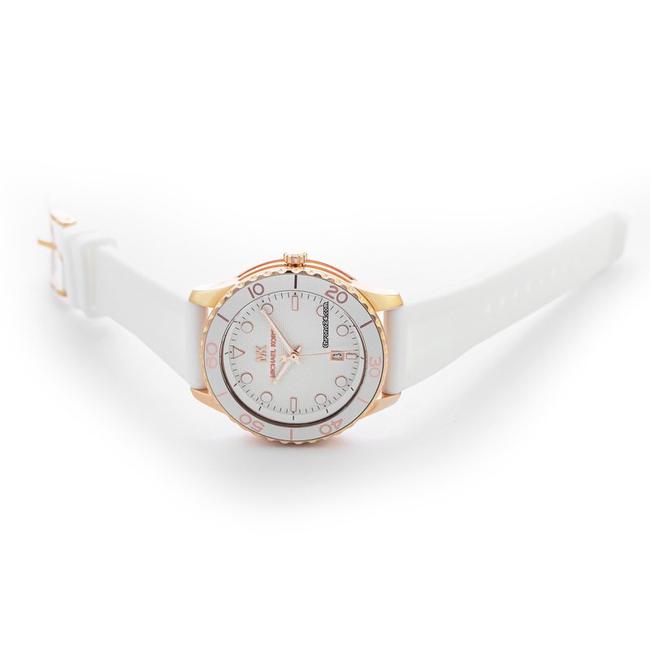 Michael Kors Runway women's watch displayed on wrist with white silicon strap and rose gold case