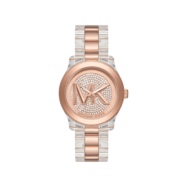 Michael Kors Runway rose gold dial women's watch with two-tone steel strap and crystal hour markers