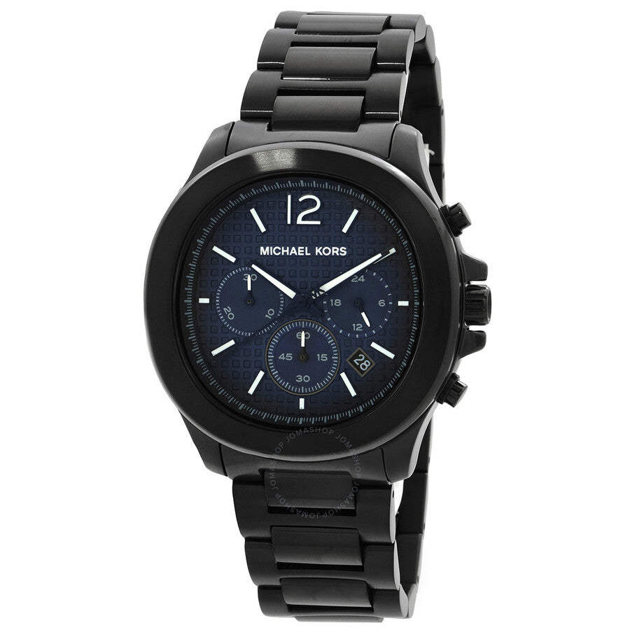 Michael Kors Sage chronograph watch with black stainless steel case and bracelet, dark blue dial with white markers