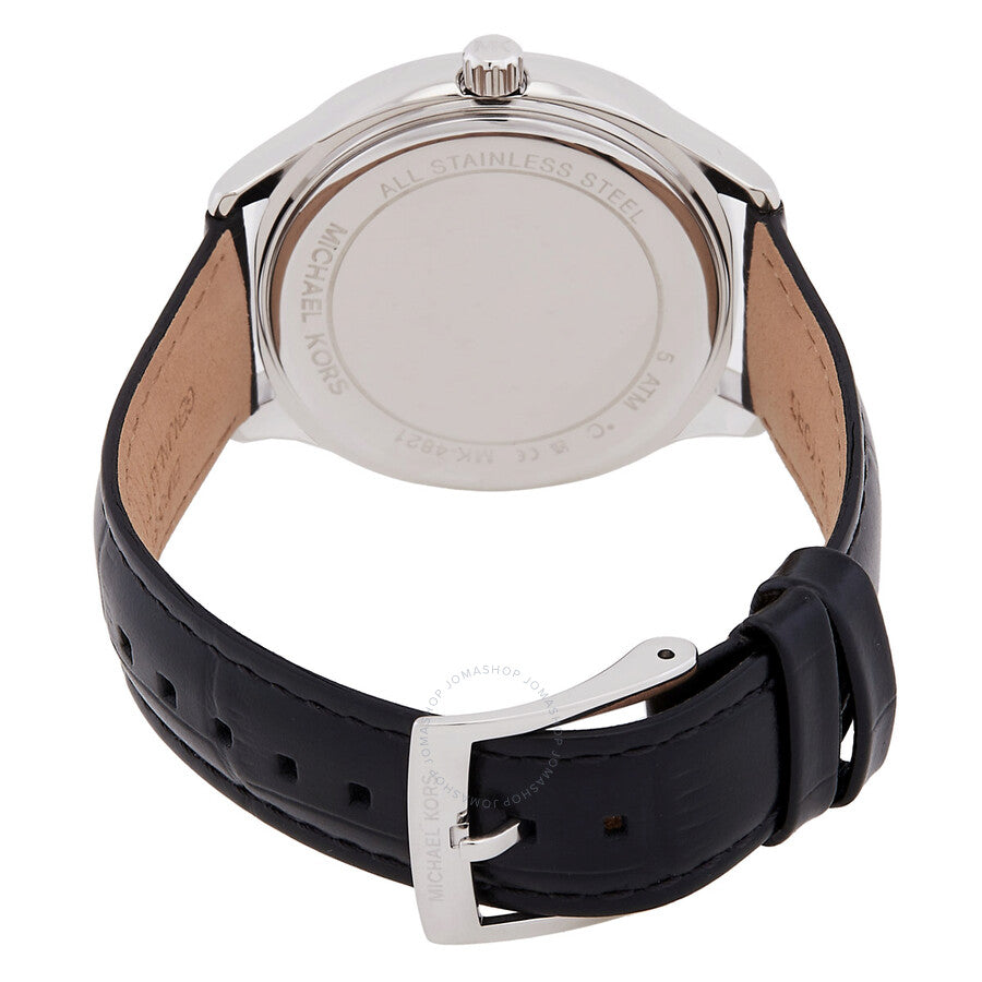 Michael Kors Sage watch caseback with black leather strap and stainless steel buckle