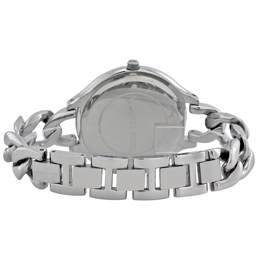 Caseback view of Michael Kors Slim Runway watch showing silver-tone case and chain strap