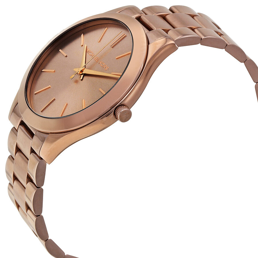 Michael Kors Slim Runway watch angled side view showing sable dial and rose-tone stainless steel bracelet