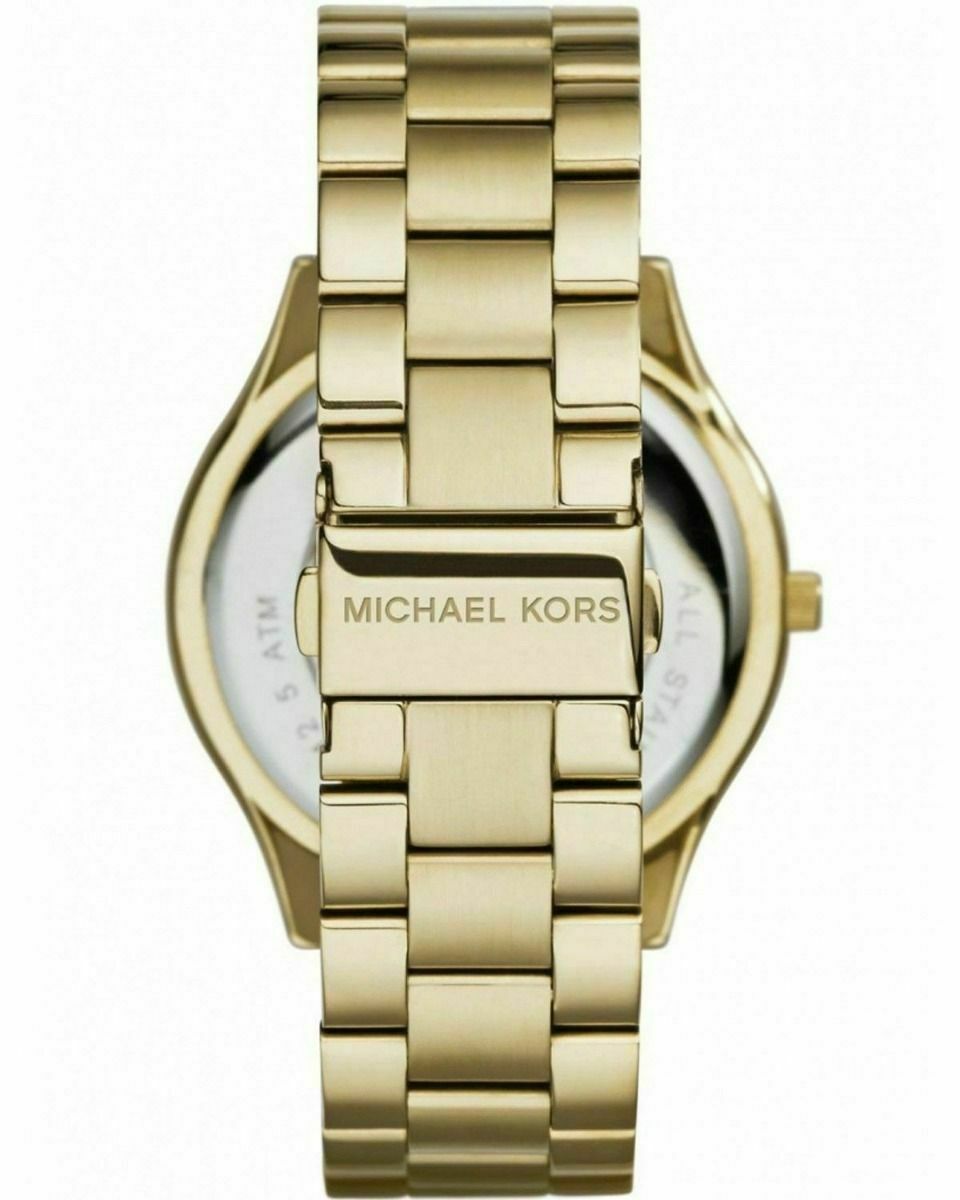 Caseback of Michael Kors Slim Runway watch showing stainless steel bracelet and clasp