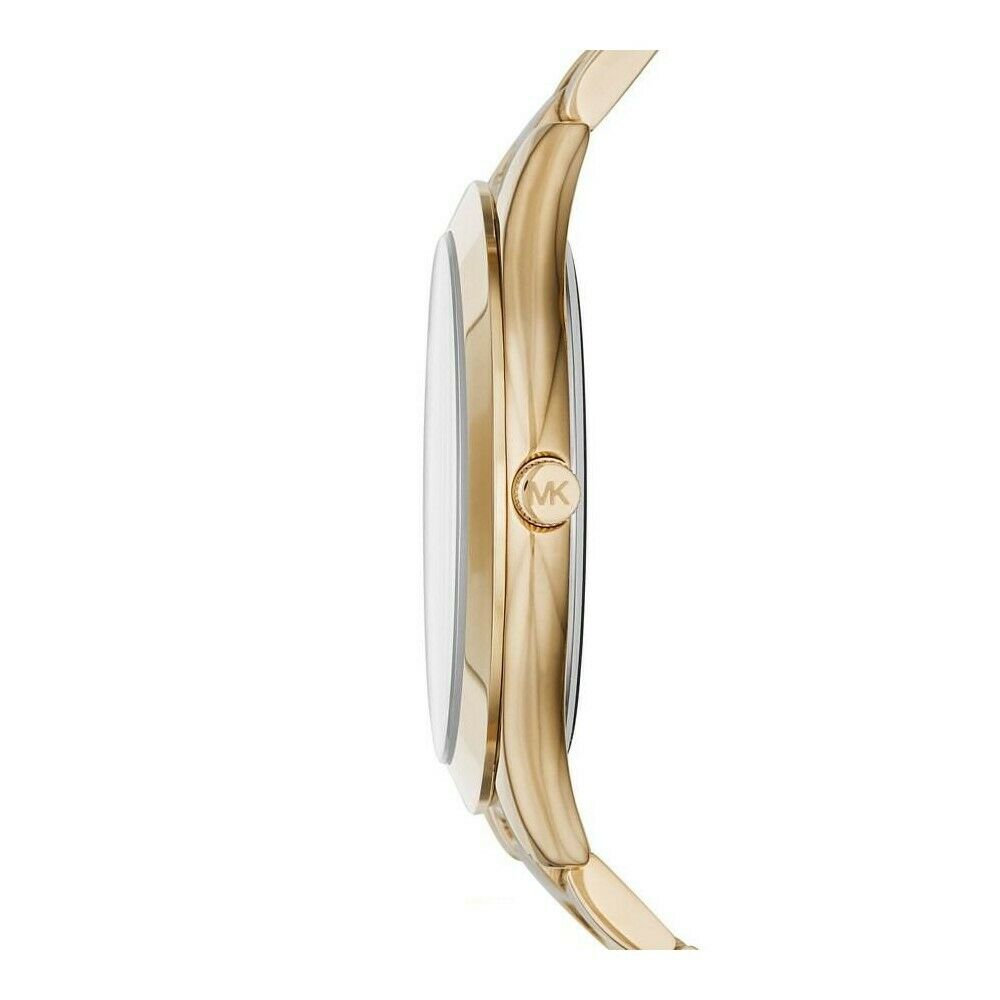 Side profile view of Michael Kors Slim Runway gold-tone stainless steel bracelet
