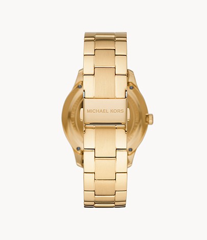 Michael Kors Slim Runway watch back view showing gold tone case back and bracelet