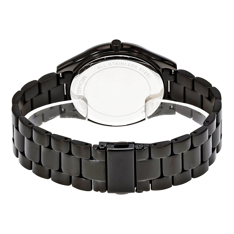Back case view of Michael Kors Slim Runway watch showing gunmetal stainless steel bracelet