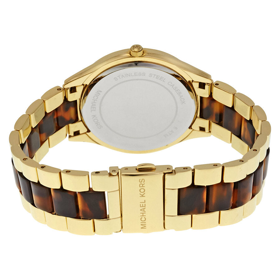 Michael Kors Slim Runway watch caseback showing stainless steel case and two-tone bracelet