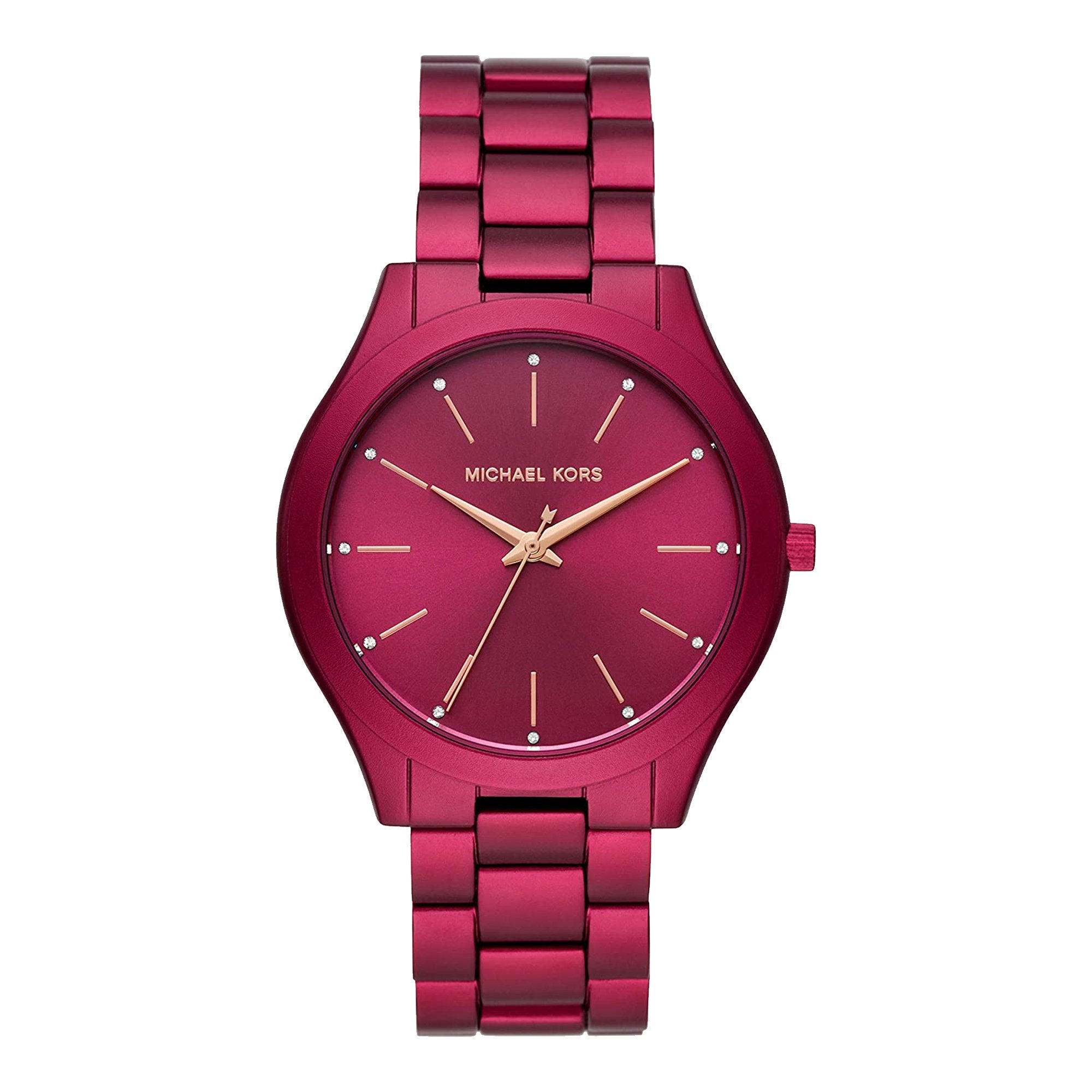 Michael Kors Slim Runway pink women's watch with matching metal bracelet and minimalist dial
