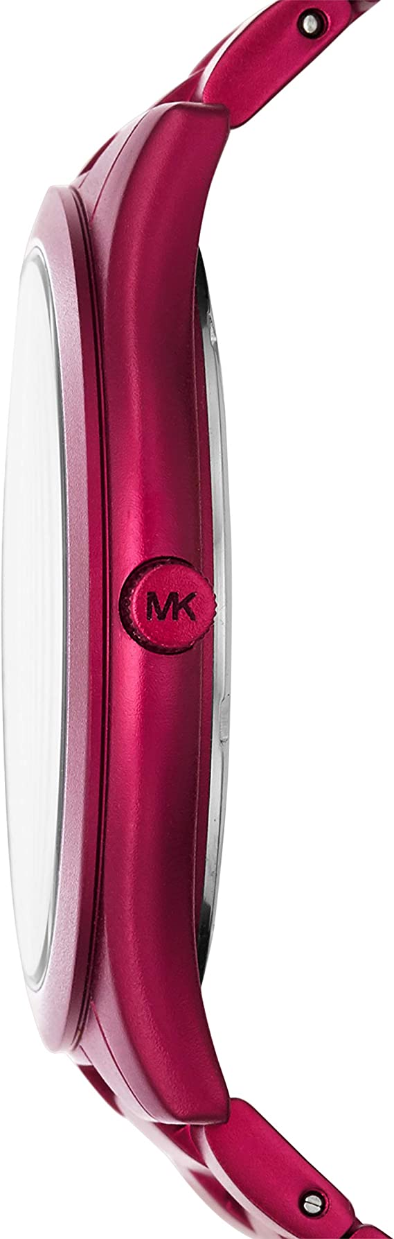 Side profile of Michael Kors Slim Runway pink watch showing slim case profile and metal bracelet