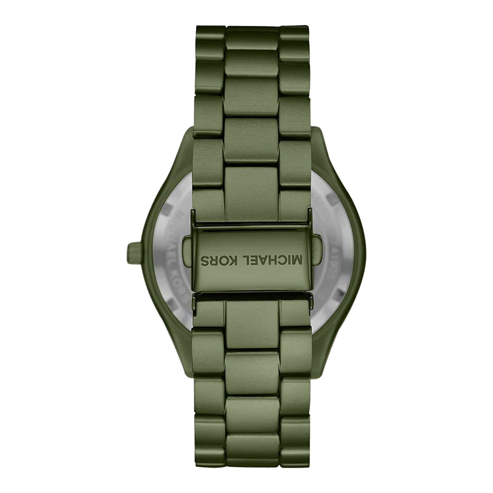 Michael Kors Slim Runway green women's watch caseback displaying Michael Kors branding