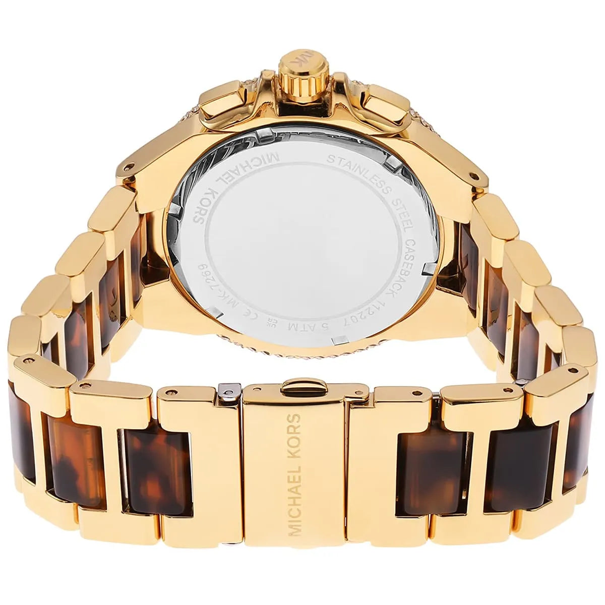 Michael Kors MK7269 watch back view showing caseback and gold tortoiseshell strap detail
