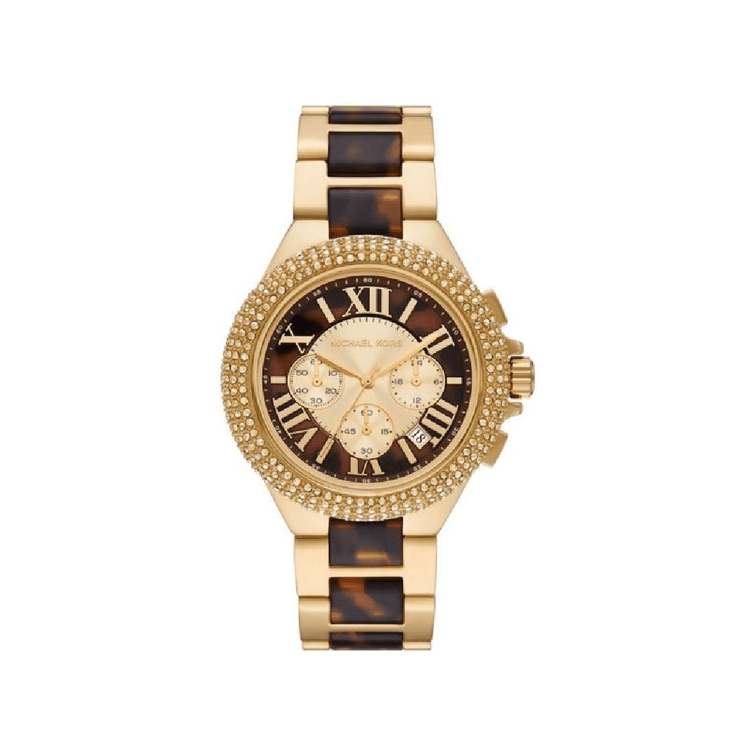 Michael Kors Slim Runway gold and tortoiseshell watch with crystal pave bezel and dark dial