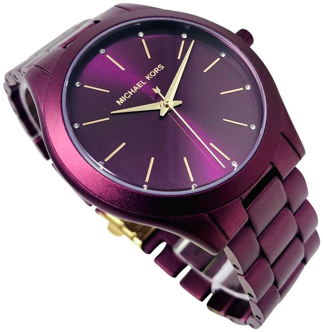 Michael Kors Slim Runway purple watch at angle showing dial and bracelet detail