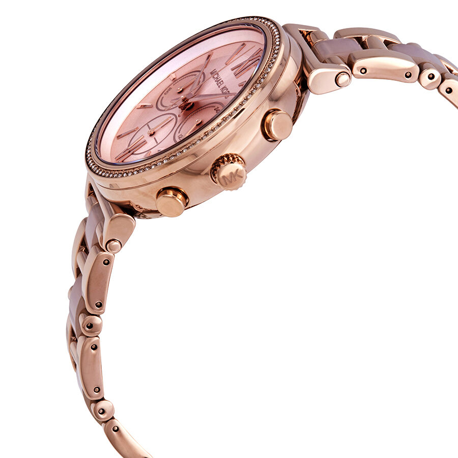 Side angle view of Sofie chronograph watch with rose gold case and taupe bracelet