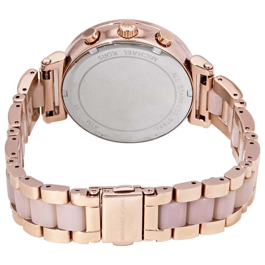 Case back of Michael Kors Sofie MK6560 watch showing stainless steel with two-tone design