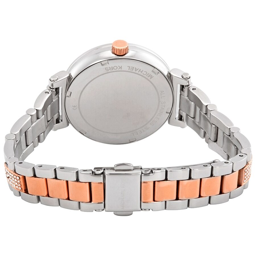 Back view of Michael Kors Sofie watch showing caseback and two-tone steel bracelet