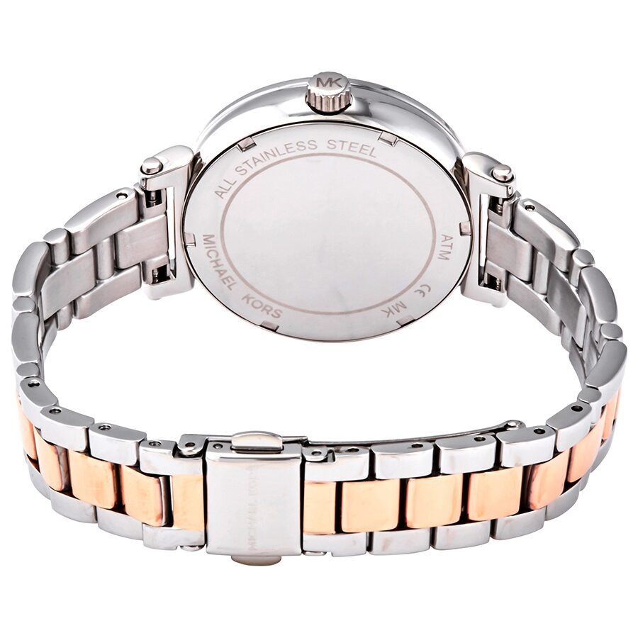 Back view of Michael Kors Sofie watch showing stainless steel caseback and two-tone band