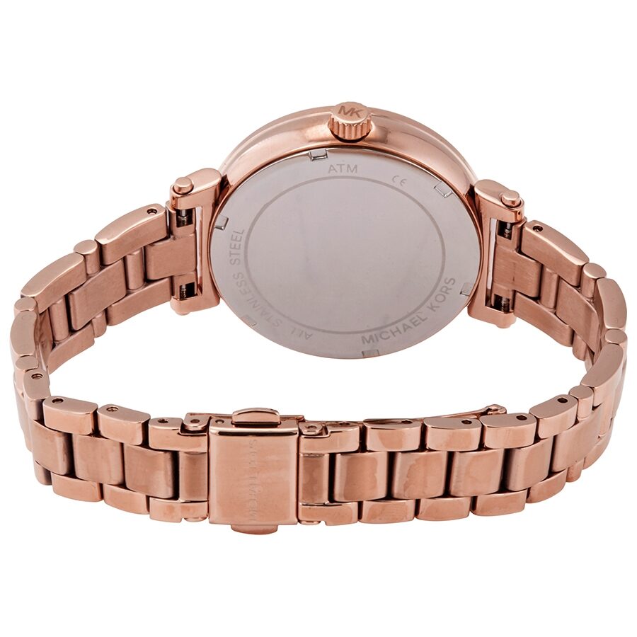 Michael Kors Sofie rose gold watch caseback with logo and bracelet