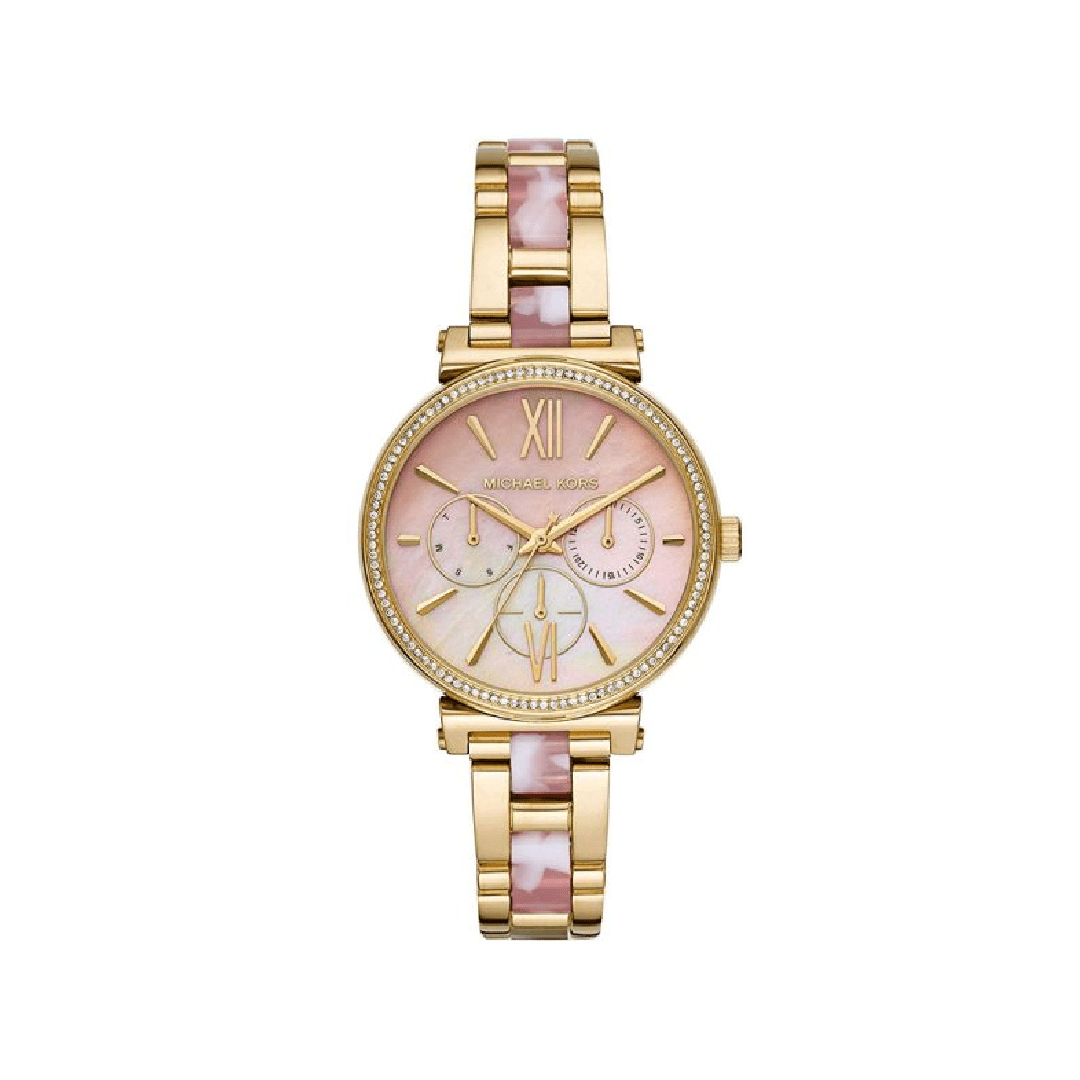 Michael Kors Sofie Crystals watch with mother of pearl pink dial, crystal bezel, and two tone steel strap