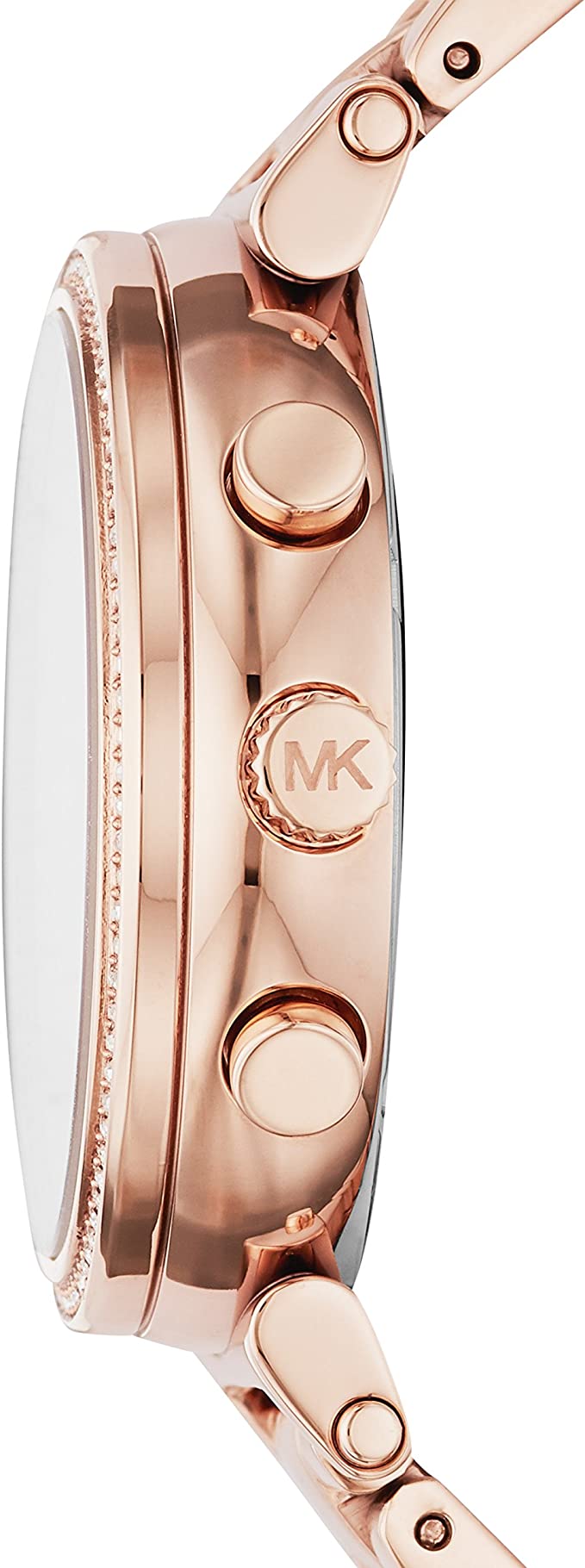 Side view of Michael Kors Sofie rose gold watch showing case thickness and chronograph pushers
