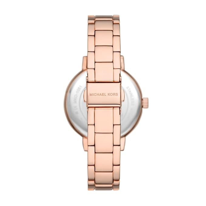 Michael Kors Sofie caseback view with mother-of-pearl and rose gold bracelet
