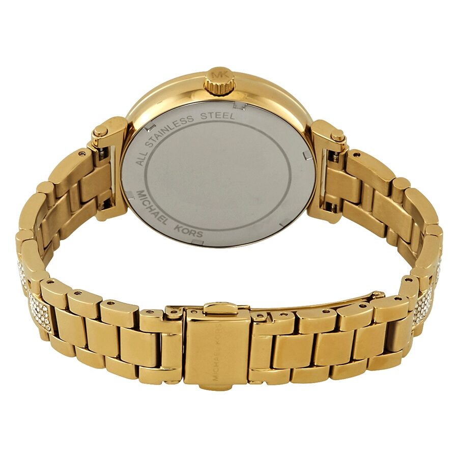 Caseback view of Michael Kors Sofie gold-tone stainless steel watch MK3881