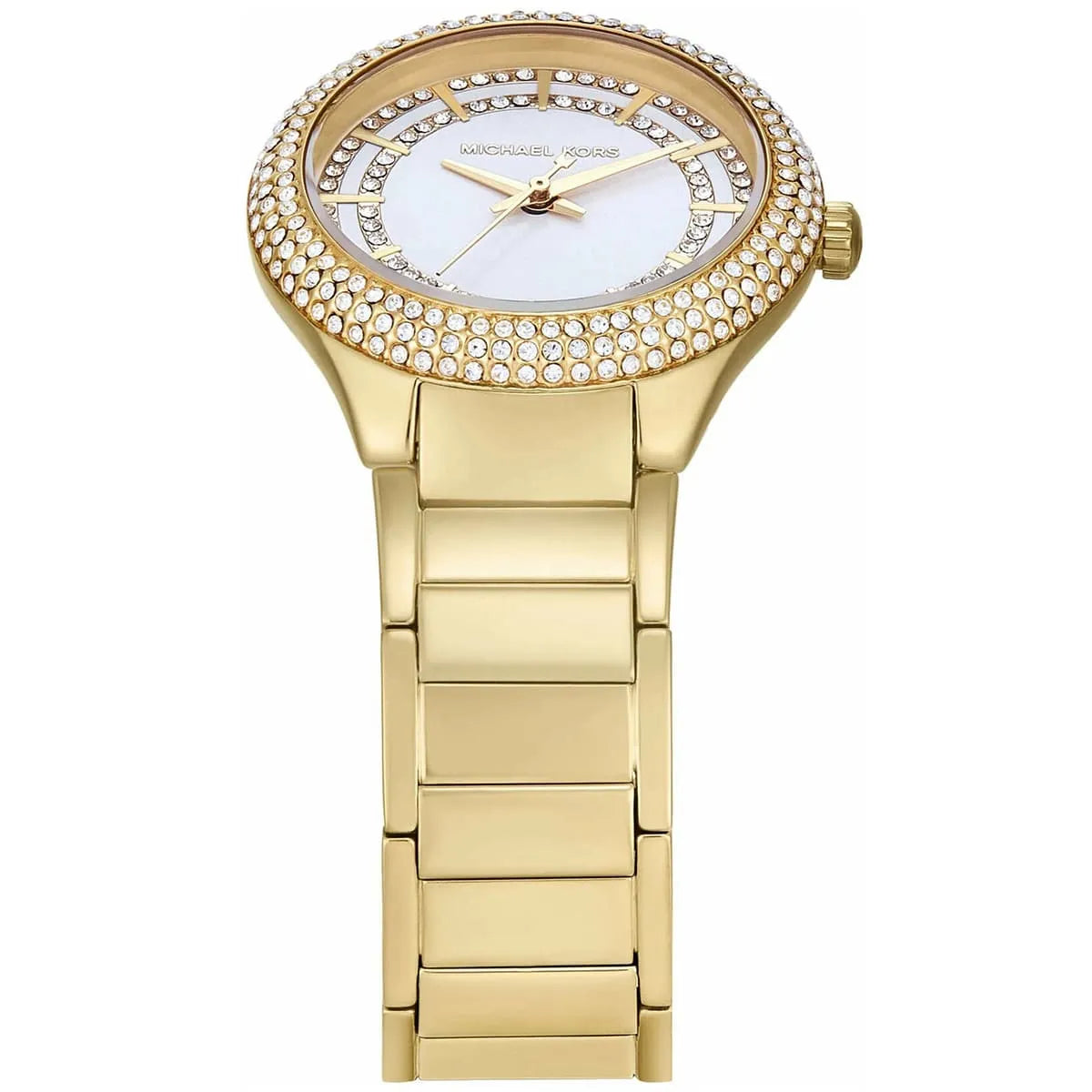 Michael Kors Sylvia women's watch angled view displaying full case, crystal bezel, and bracelet