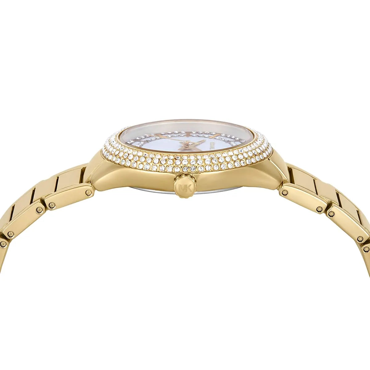Michael Kors Sylvia watch case detail showing crystal-set bezel and white dial close-up