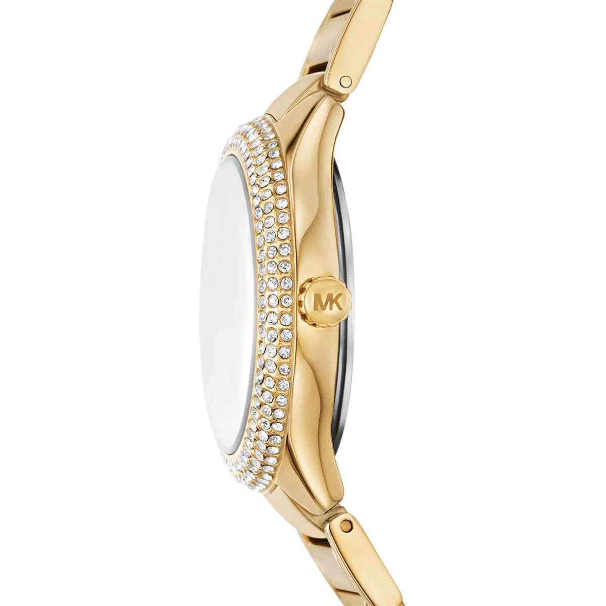 Michael Kors Sylvia watch side profile showing crystal bezel, white dial, and gold-tone bracelet