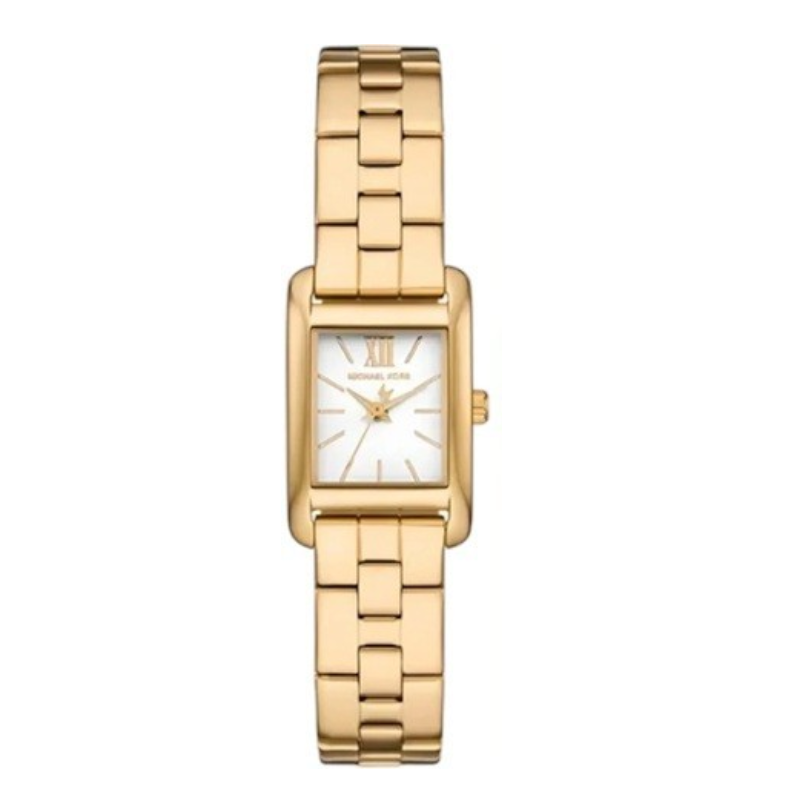 Gold-tone rectangular watch face with white dial and three hands on matching gold-tone stainless steel link bracelet