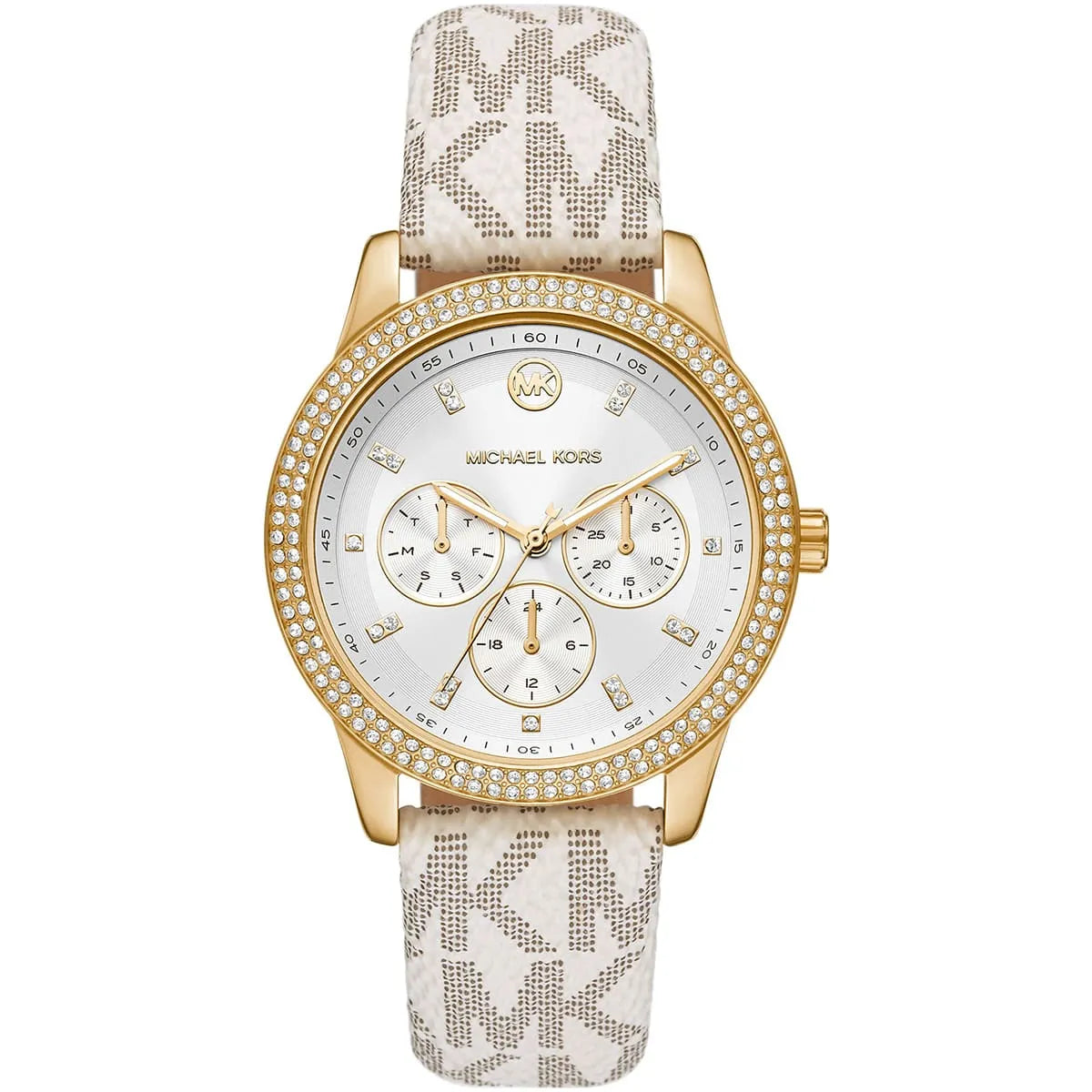 Michael Kors Tibby multifunction watch with three subdials and MK logo on white dial