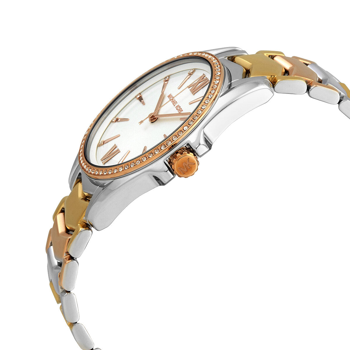 Side angle view of Michael Kors Whitney watch showing two-tone bracelet and rose gold accents