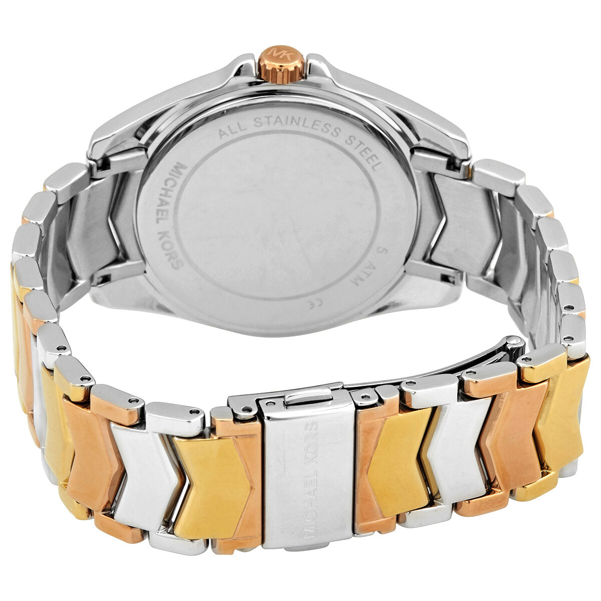 Case back of Michael Kors Whitney watch with stainless steel two-tone bracelet detail