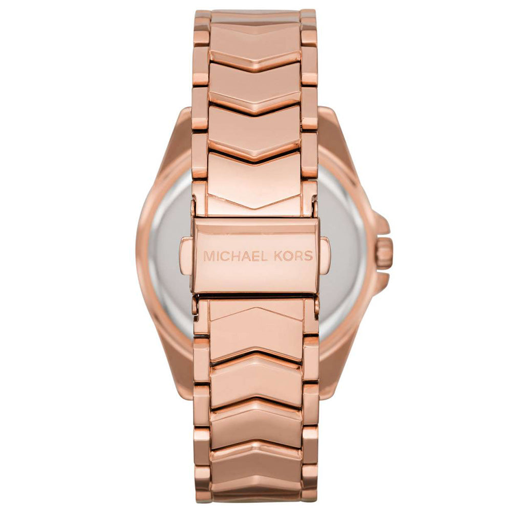 Rose gold bracelet strap with Michael Kors logo and caseback view