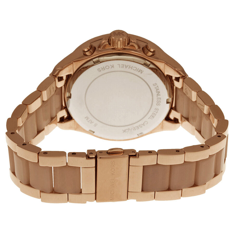 Back of Michael Kors Wren watch showing case back and rose gold link bracelet