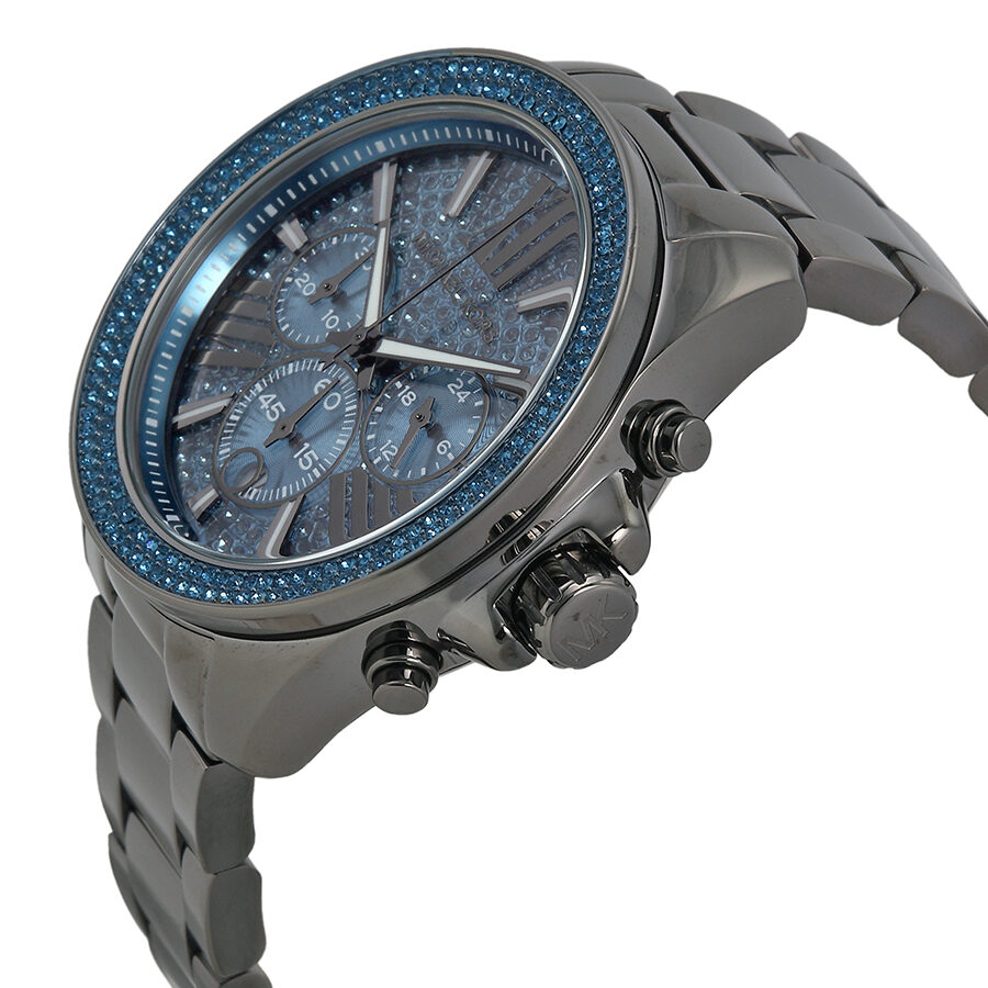 Michael Kors Wren watch side angle view showing chronograph pushers and blue pave bezel