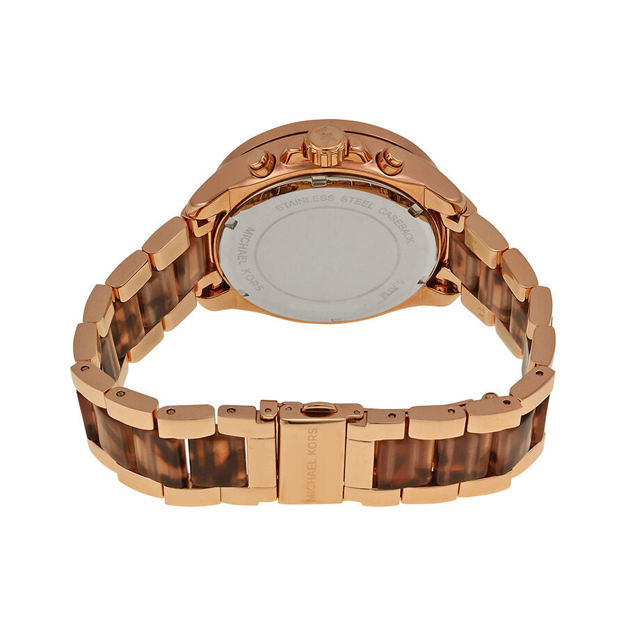Caseback view of Michael Kors Wren chronograph showing tortoise acetate and rose gold-tone bracelet