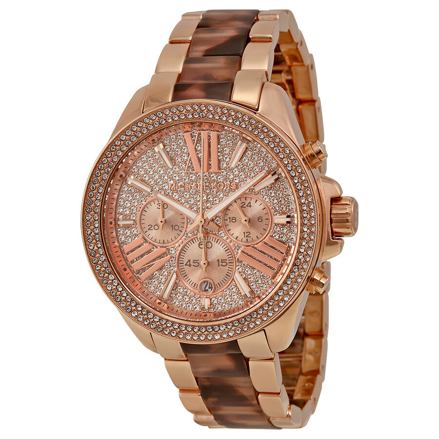 Michael Kors Wren Chronograph rose gold-tone watch with crystal pave dial and tortoise acetate bracelet