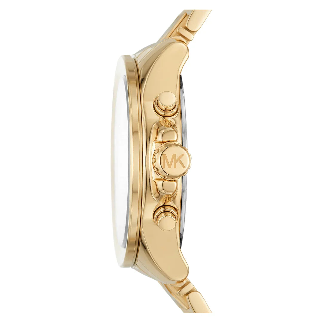 Michael Kors Wren watch side profile showing gold-tone case and chronograph pushers