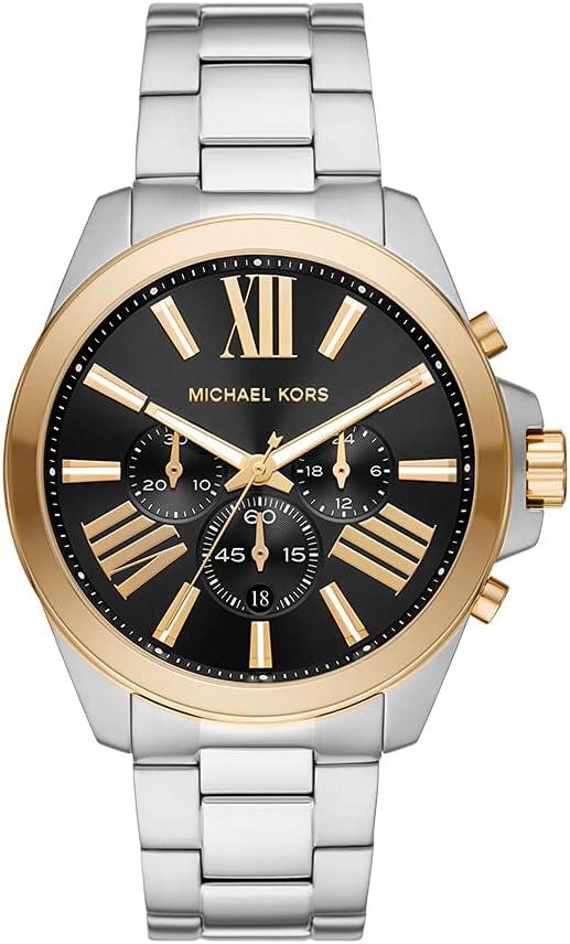 Michael Kors Wren chronograph watch with black dial, gold-tone bezel, and silver steel bracelet