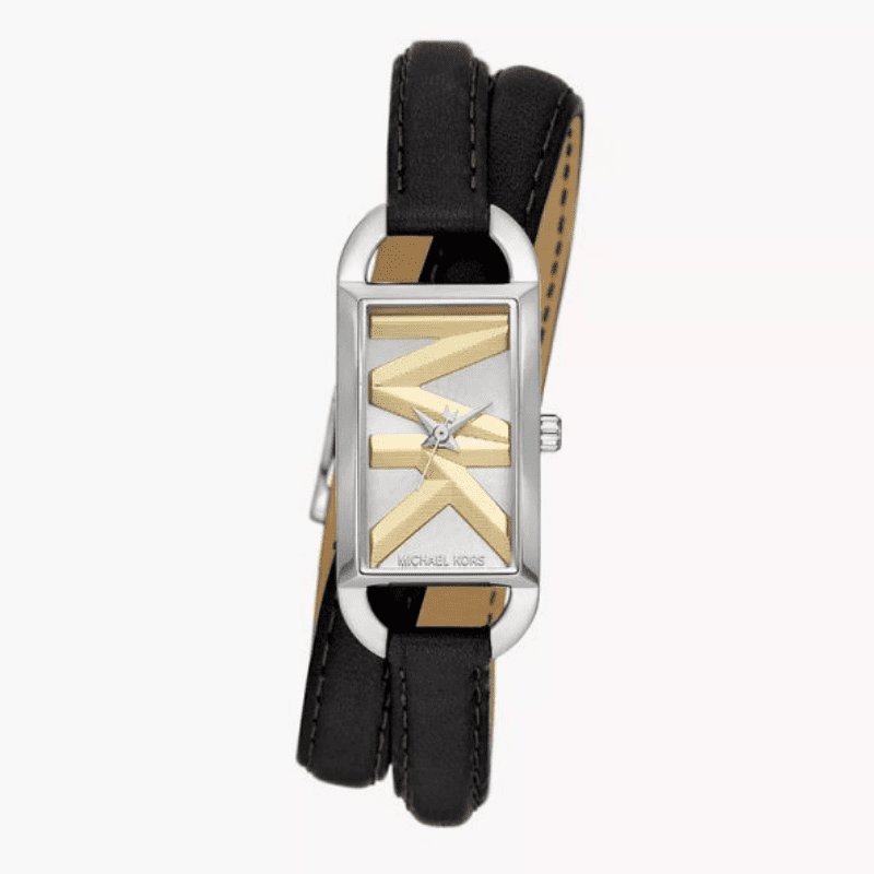 Mini Empire silver-tone watch with gold X dial and black leather double-wrap strap