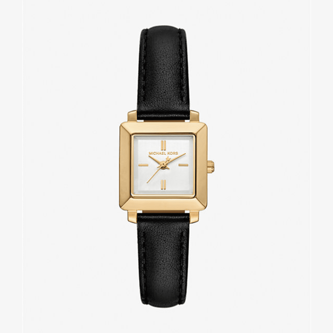 Mini Gwynn gold-tone square watch with white dial, gold hour markers, and black leather strap