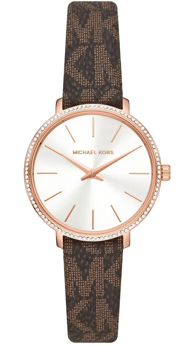 Michael Kors Pyper women's watch with white dial, rose gold case, crystal bezel, and brown patterned leather strap