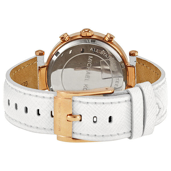 Michael Kors Parker watch caseback showing white leather strap and rose gold closure